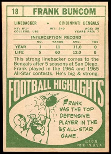 1968 Topps 18 Frank Buncom Cincinnati Bengals (Foci Kártya) VG/EX Bengals USC