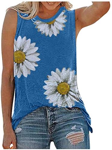 UOFOCO a Nők Nyáron Daisy Nyomtatás Tartály Tetejét O Nyakú, Ujjatlan T-Shirt Grafikus Póló Blúz
