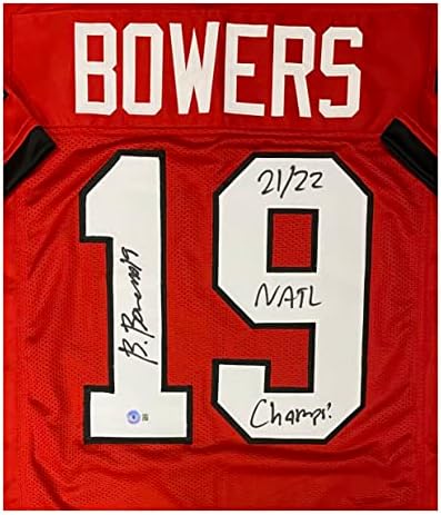 Brock Bowers Dedikált Georgia Egyéni Piros trikót, NATL Champs felirat Beckett Eredetiséget igazoló Tanúsítvány