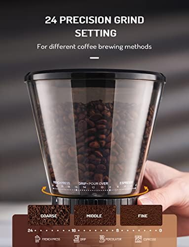 TWOMEOW Kúpos Burr Kávédaráló Elektromos, antisztatikus Kávébab Daráló 24 Grind Beállítások Espresso/Csepp/Öntsük/Hideg
