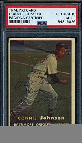 Connie Johnson PSA DNS-Coa Aláírt 1957 Topps Autogram - Baseball Asztalon Dedikált Kártyák