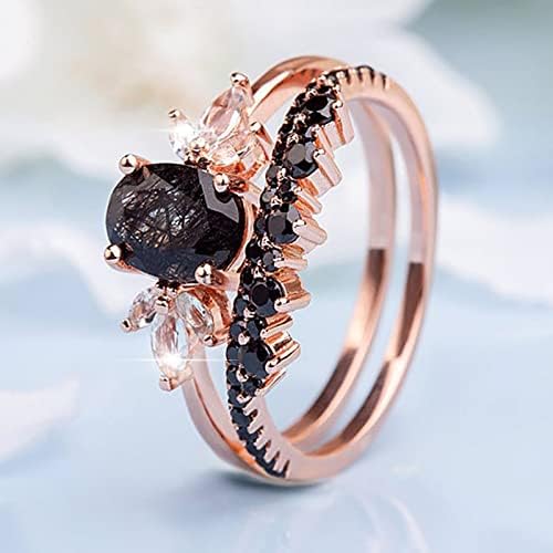 Fekete Rutilated Kvarc Eljegyzési Gyűrű Készlet Ovális Alakú, Rózsa Arany Gyűrű Fekete Cirkónia Ívelt házassági Gyűrű,
